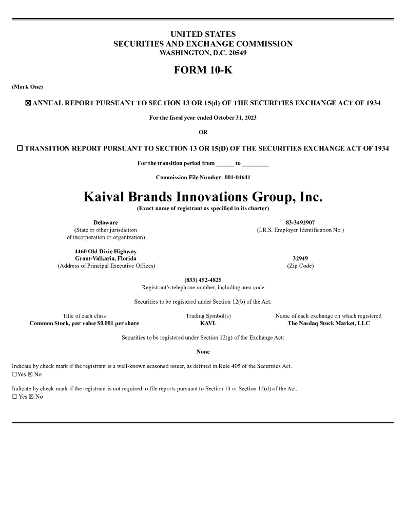 Kaival Brands Innovations Group,Inc.（KAVL）2023财年年度报告（英文版）