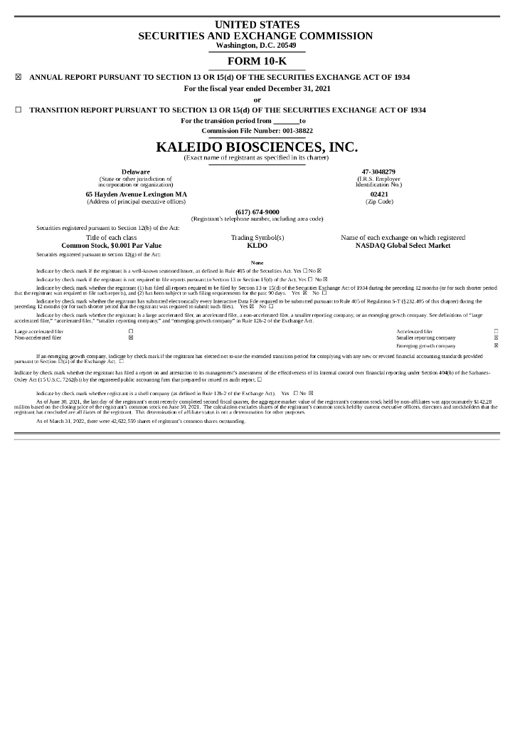 Kaleido Biosciences,Inc.（KLDO）2021财年年度报告（英文版）