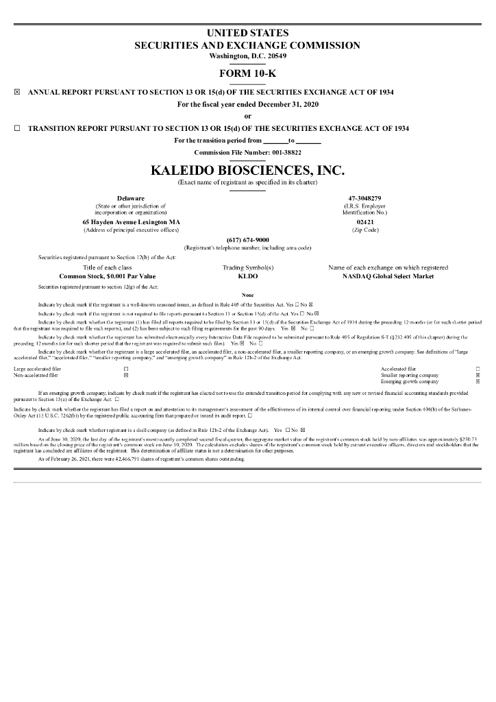 Kaleido Biosciences,Inc.（KLDO）2020财年年度报告（英文版）
