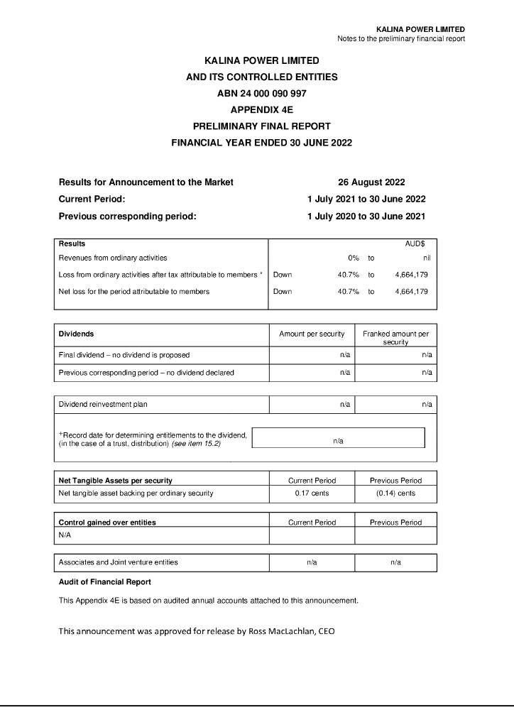 Kalina Power Limited（KPO）2022财年年度报告（英文版）