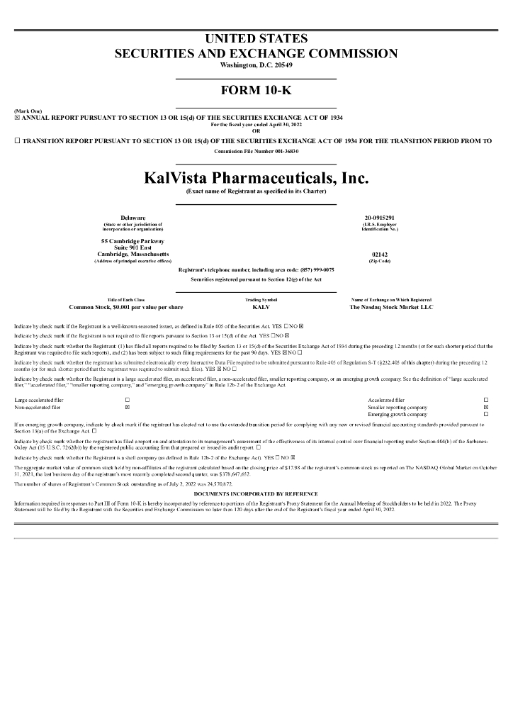 KalVista Pharmaceuticals,Inc.（KALV）2022财年年度报告（英文版）