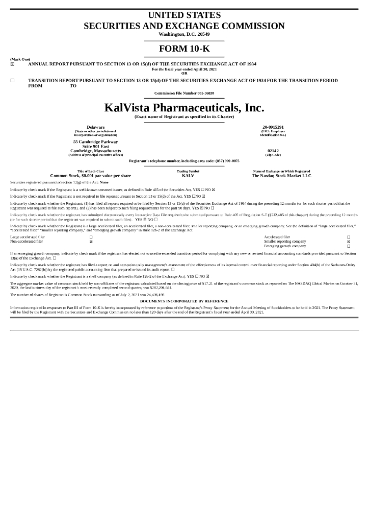 KalVista Pharmaceuticals,Inc.（KALV）2021财年年度报告（英文版）