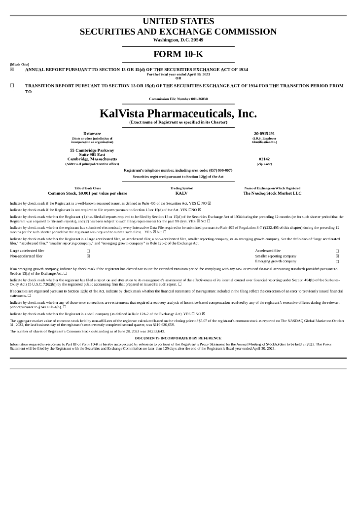 KalVista Pharmaceuticals,Inc.（KALV）2023财年年度报告（英文版）