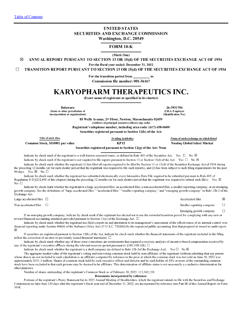 Karyopharm Therapeutics Inc（KPTI）2022财年年度报告（英文版）