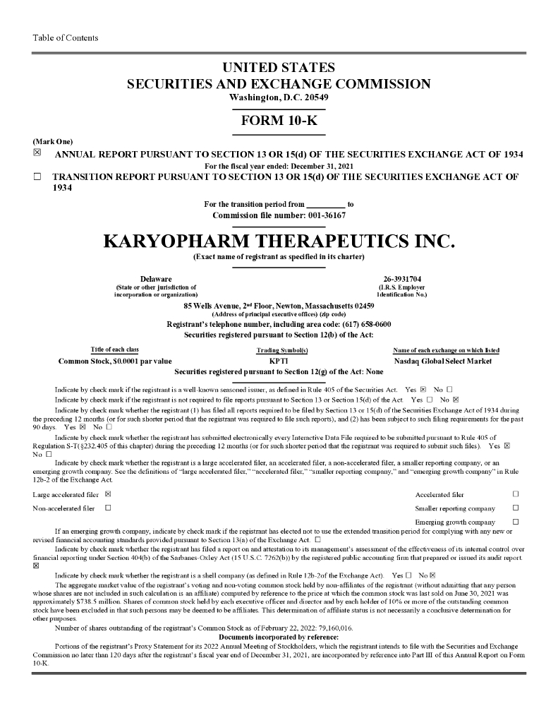 Karyopharm Therapeutics Inc（KPTI）2021财年年度报告（英文版）