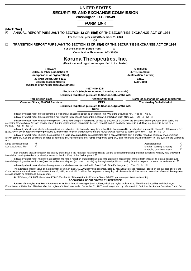 Karuna Therapeutics,Inc.（KRTX）2020财年年度报告（英文版）
