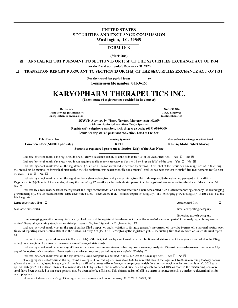 Karyopharm Therapeutics Inc（KPTI）2023财年年度报告（英文版）