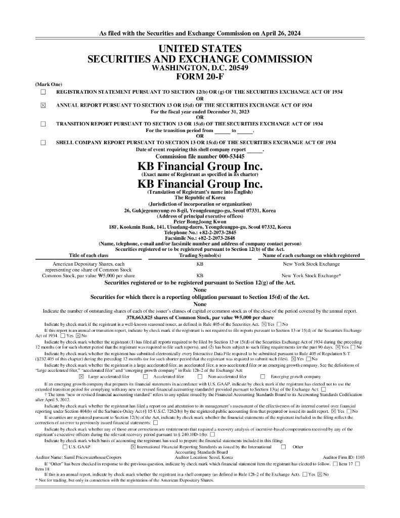 KB Financial Group Inc（KB）2023财年年度报告（英文版）