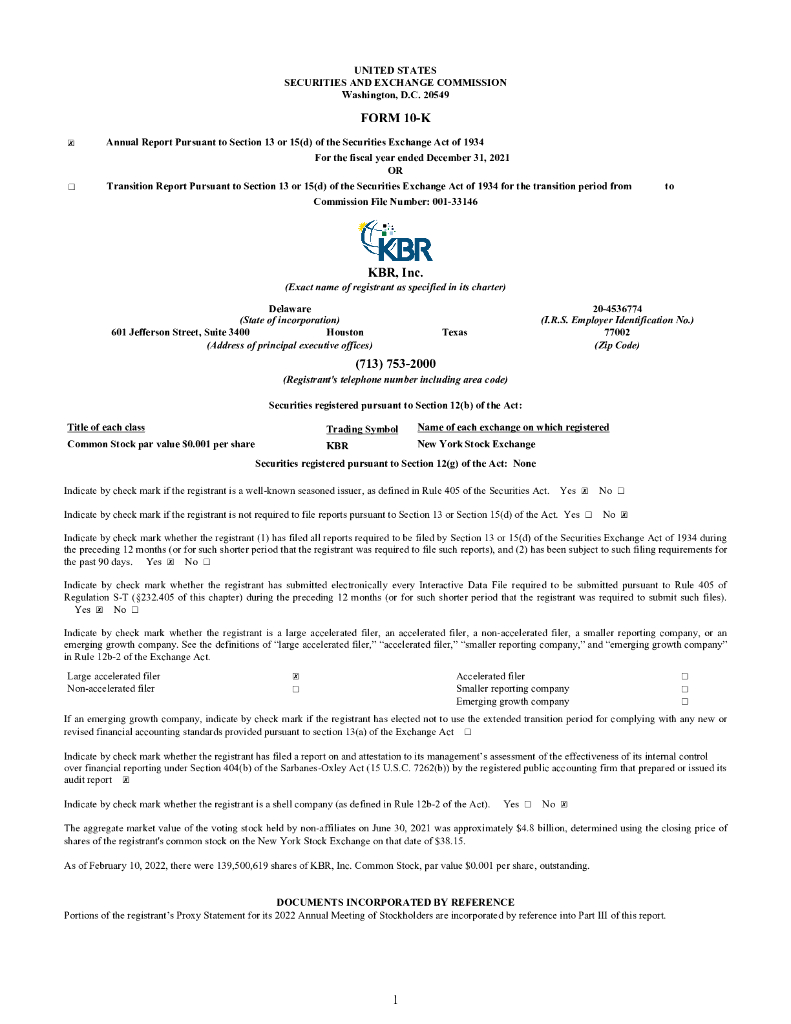 KBR,Inc.（KBR）2021财年年度报告（英文版）