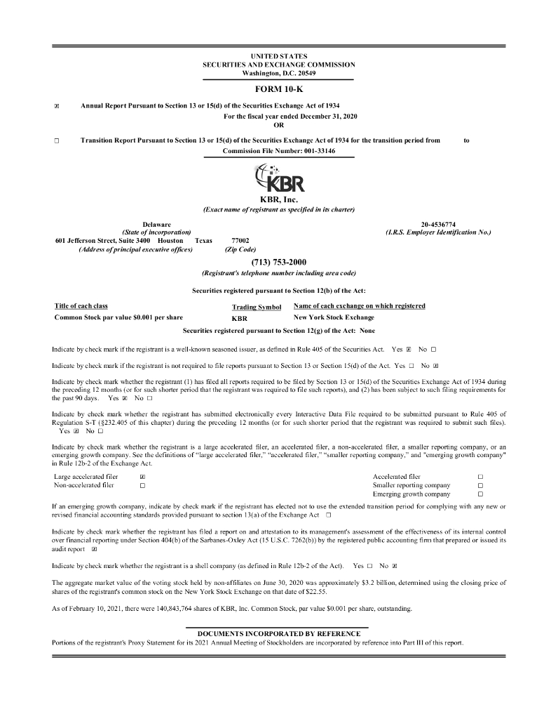 KBR,Inc.（KBR）2020财年年度报告（英文版）