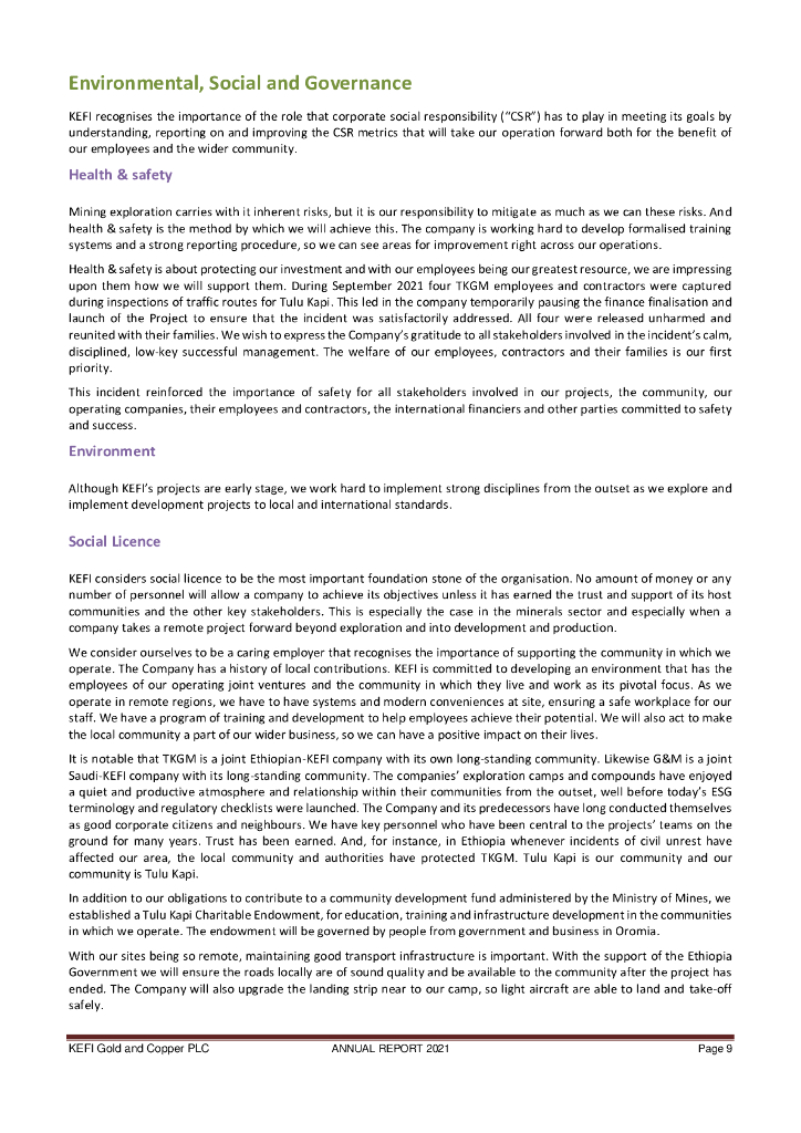 KEFI Gold and Copper Plc（KEFI）2021财年年度报告（英文版）_第10页
