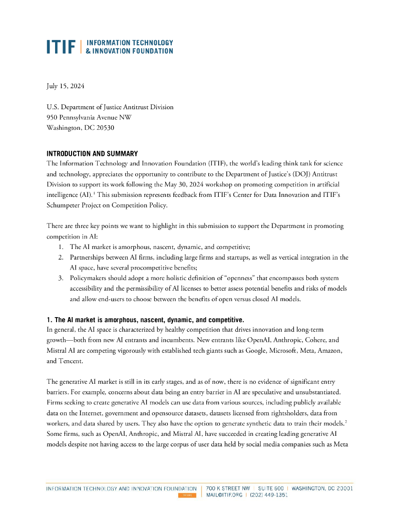 ITIF：对美国司法部反垄断司关于促进AI竞争的评论（英文版）
