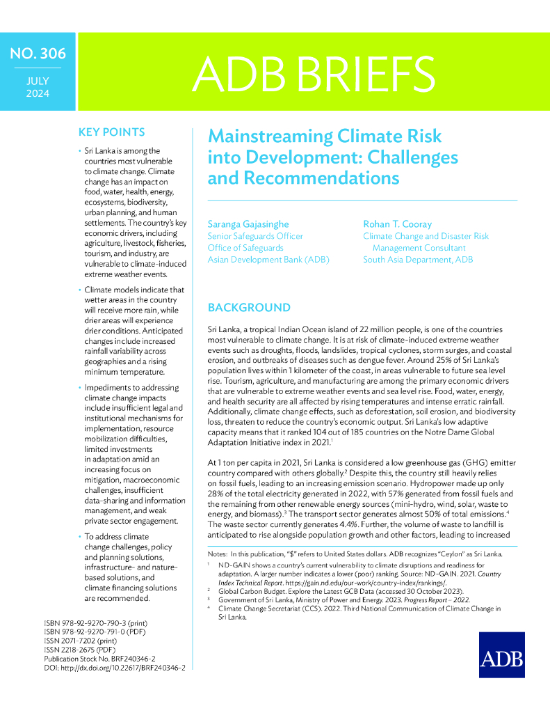 亚洲开发银行ADB：将气候风险纳入发展主流：挑战和建议（英文版）