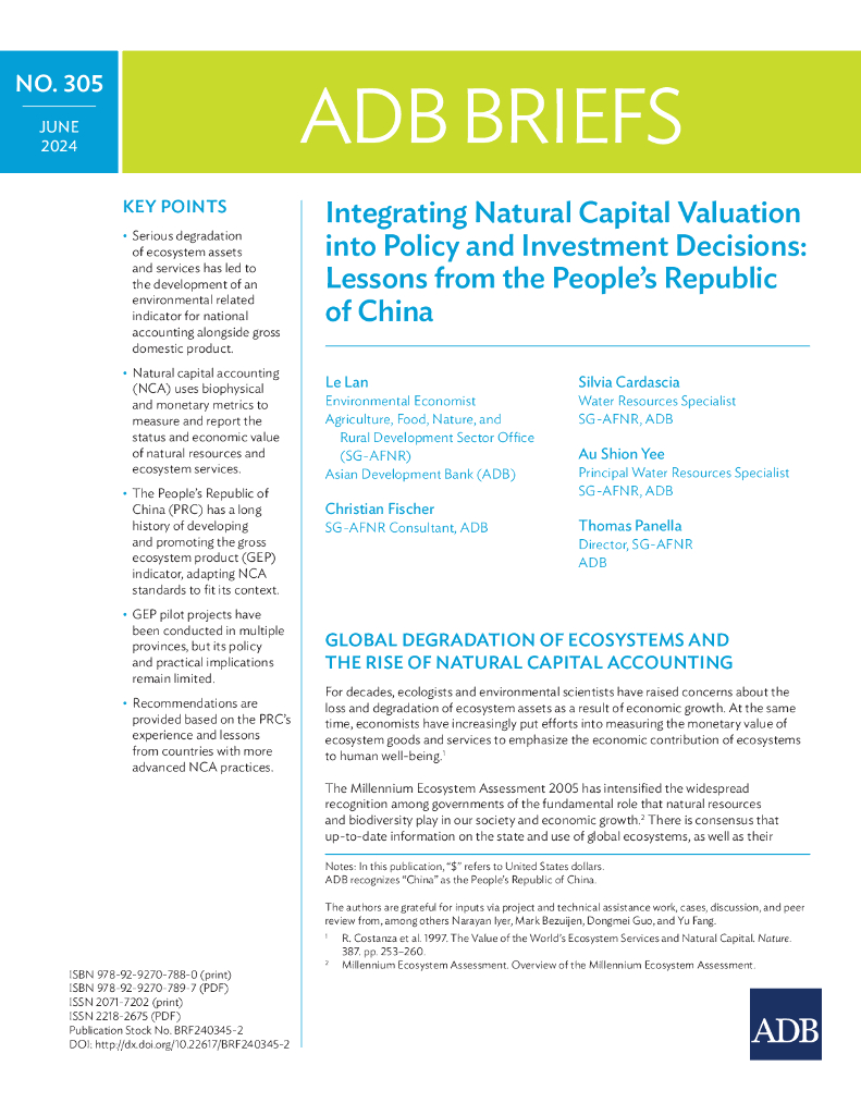 ADB亚洲开发银行：2024将自然资本评估纳入政策和投资决策：中国经验（英文版）