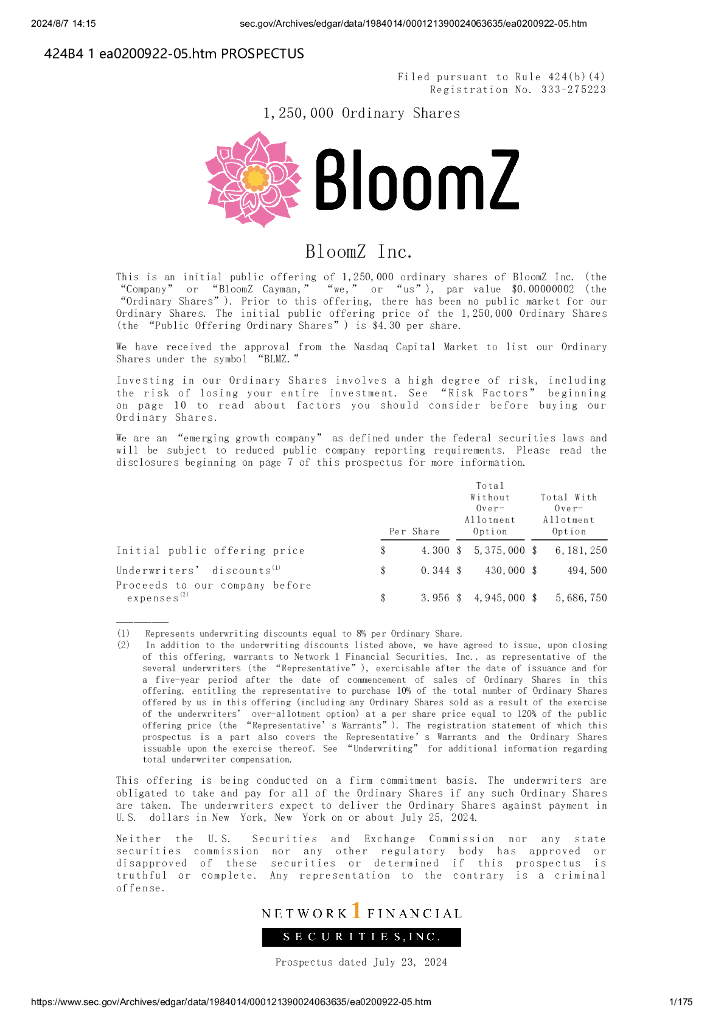 BloomZ Inc美股纳斯达克IPO上市招股说明书