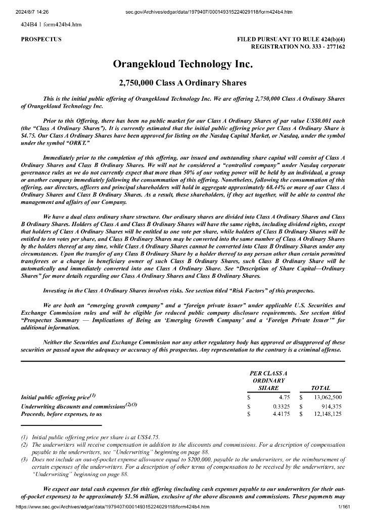 Orangekloud Technology Inc美股纳斯达克IPO上市招股说明书