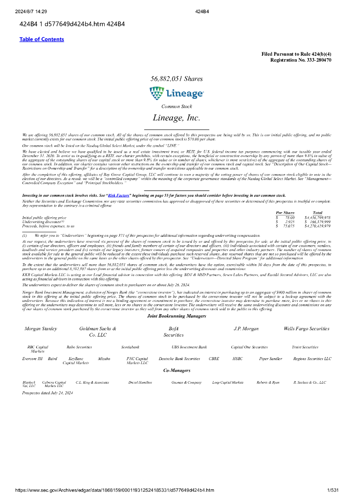 Lineage,Inc美股纳斯达克IPO上市招股说明书