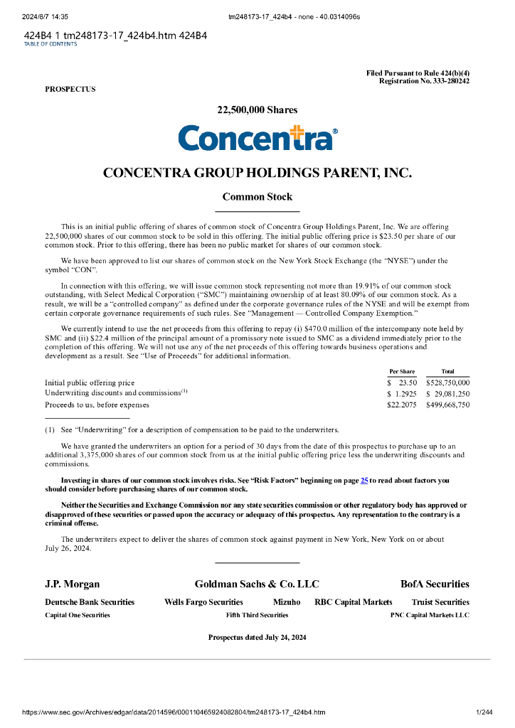 Concentra Group Holdings Parent,Inc纽约证券交易所IPO上市招股说明书