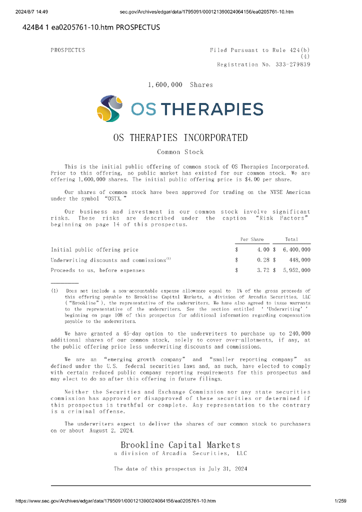 OS Therapies Incorporated美股纳斯达克IPO上市招股说明书