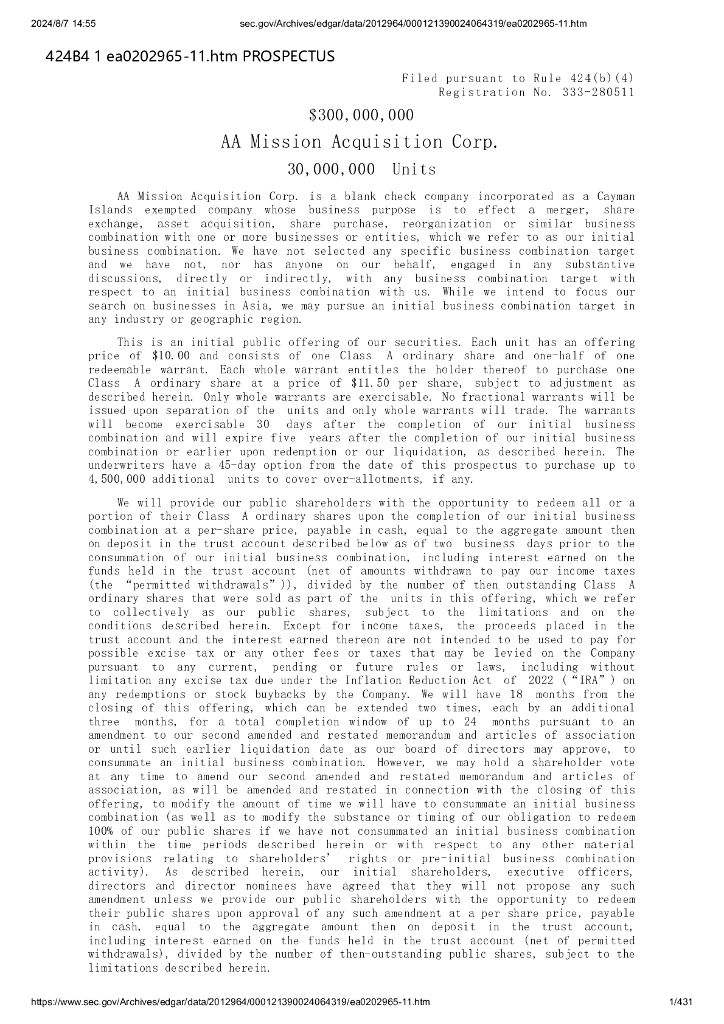 AA Mission Acquisition Corp纽约证券交易所IPO上市招股说明书