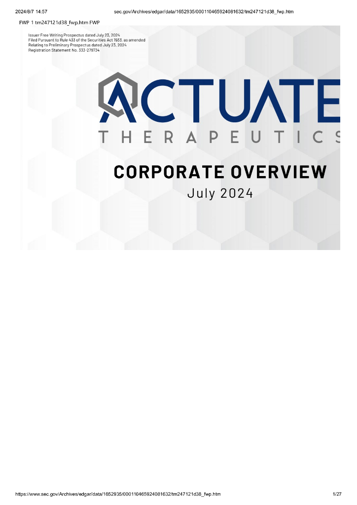 Actuate Therapeutics,Inc美股纳斯达克IPO上市招股说明书