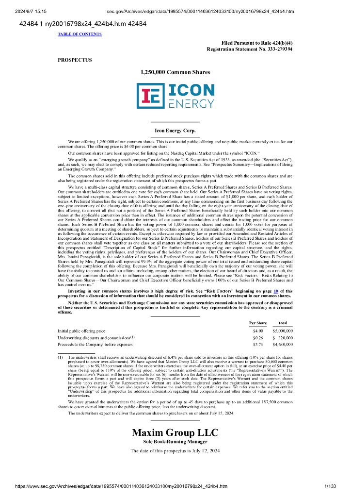 Icon Energy Corp美股纳斯达克IPO上市招股说明书