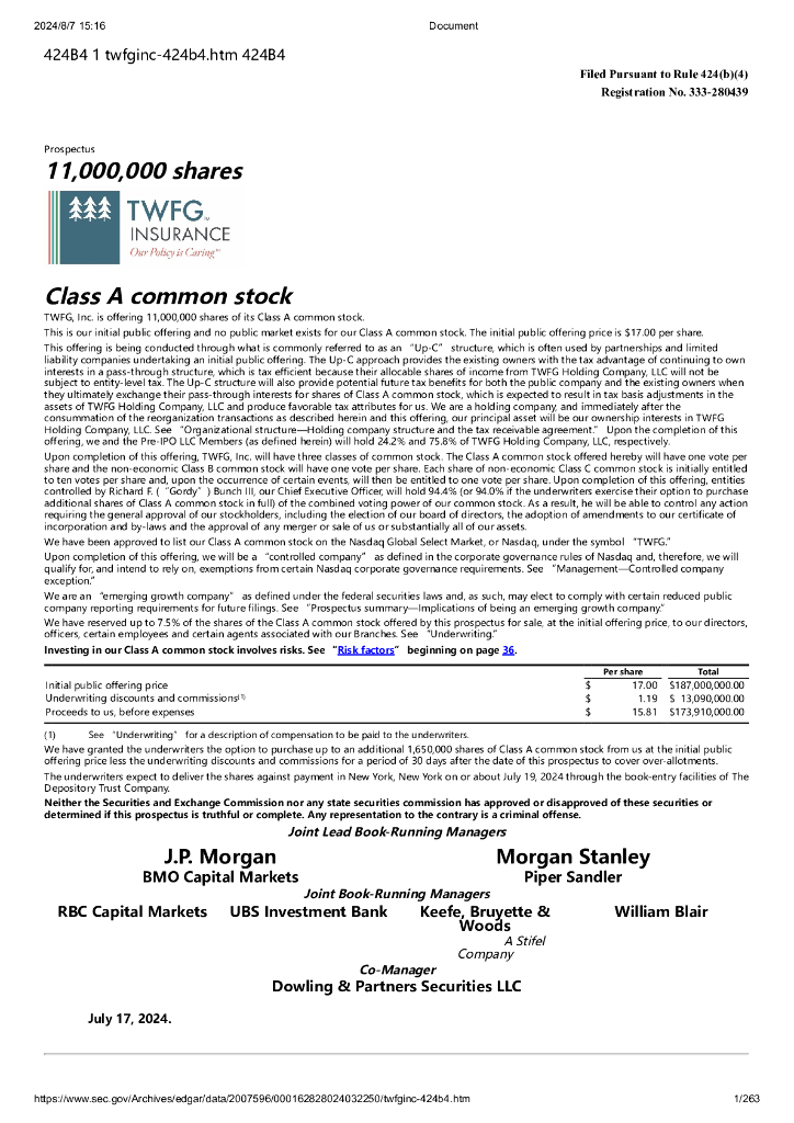 TWFG,Inc美股纳斯达克IPO上市招股说明书