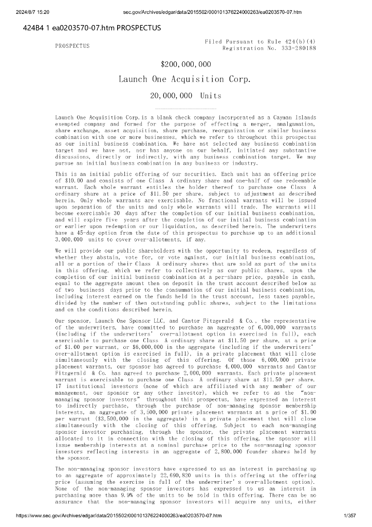 Launch One Acquisition Corp美股纳斯达克IPO上市招股说明书