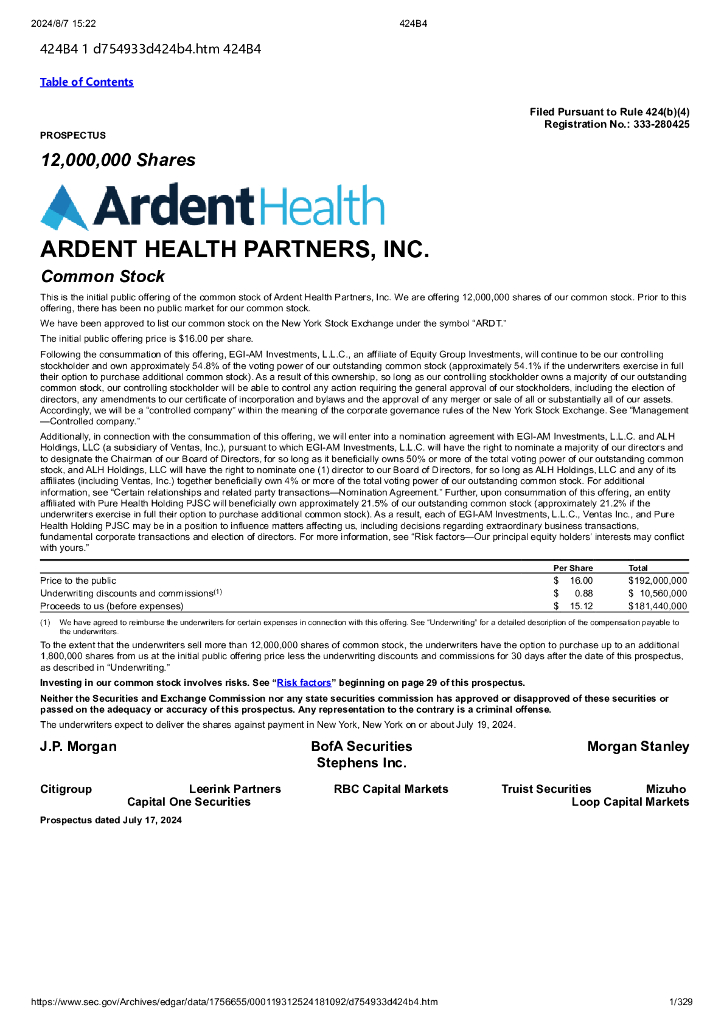 Ardent Health Partners,Inc美股纳斯达克IPO上市招股说明书