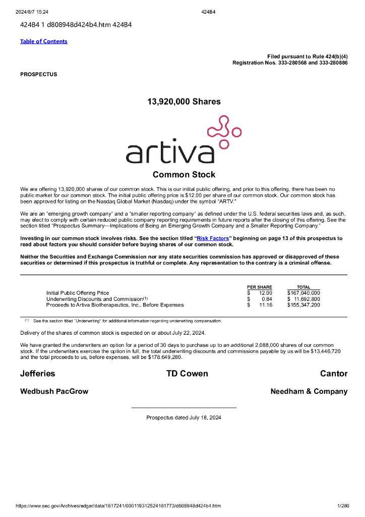 Artiva Biotherapeutics,Inc美股纳斯达克IPO上市招股说明书