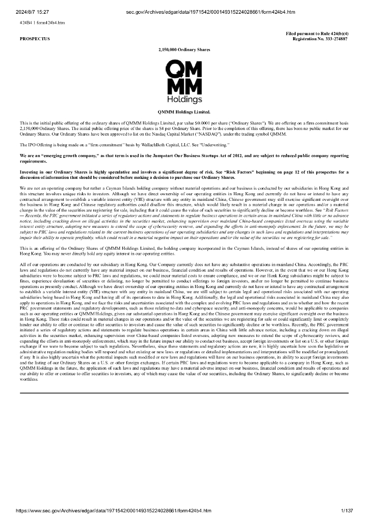 QMMM Holdings Limited美股纳斯达克IPO上市招股说明书