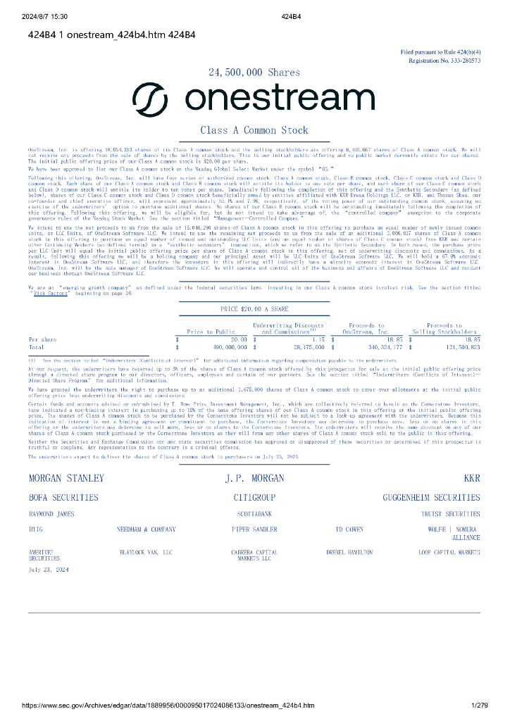 OneStream,Inc美股纳斯达克IPO上市招股说明书