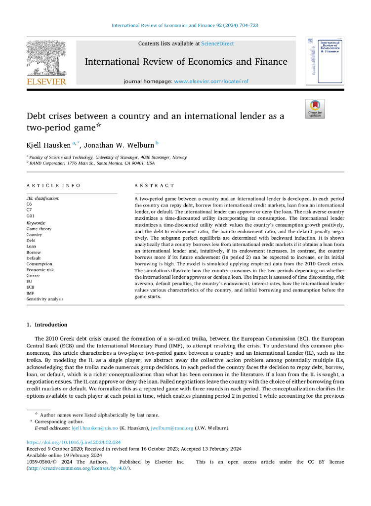 Rand兰德：一个国家与国际贷款人之间的债务危机是一个两期博弈（英文版）