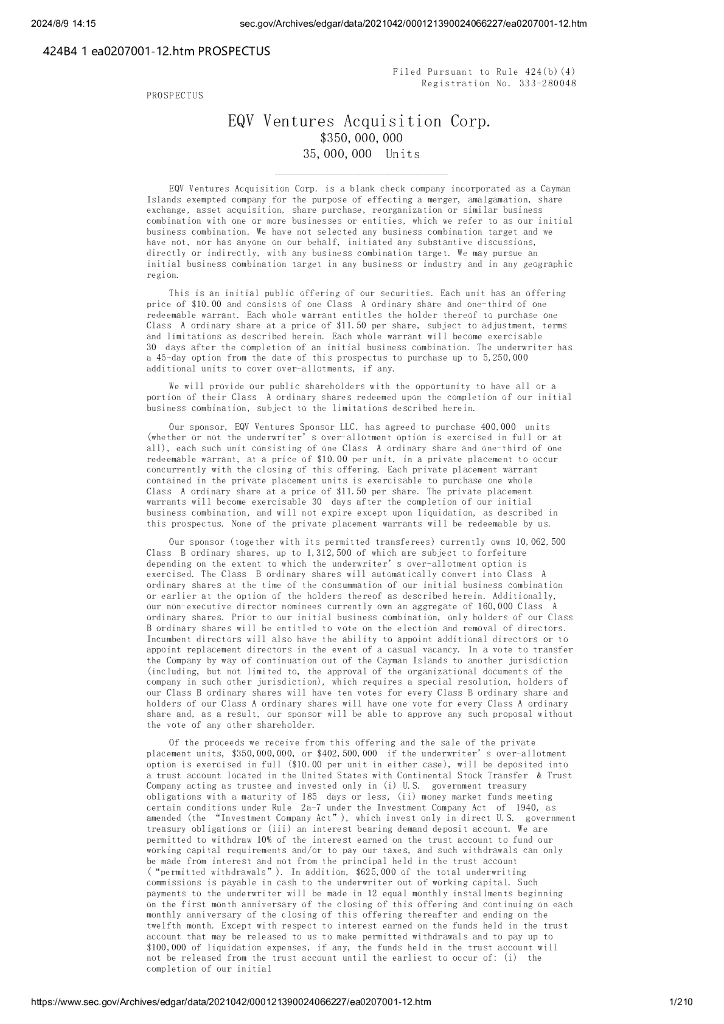 EQV Ventures Acquisition Corp纽约证券交易所IPO上市招股说明书