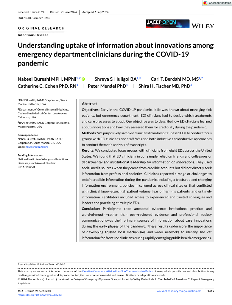 Rand兰德：了解冠状病毒疫情期间急诊科临床医生对创新信息的吸收情况（英文版）