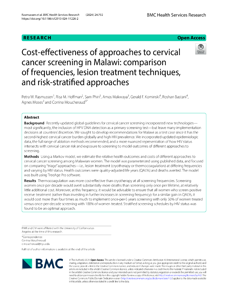 Rand兰德：马拉维宫颈癌筛查方法的成本效益 发生率、病变治疗技术和风险分层方法的比较（英文版）