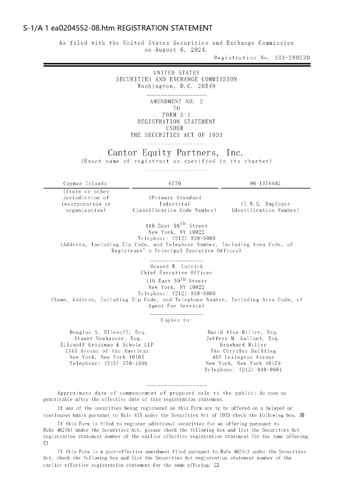 Cantor Equity Partners,Inc.美股纳斯达克IPO上市招股说明书