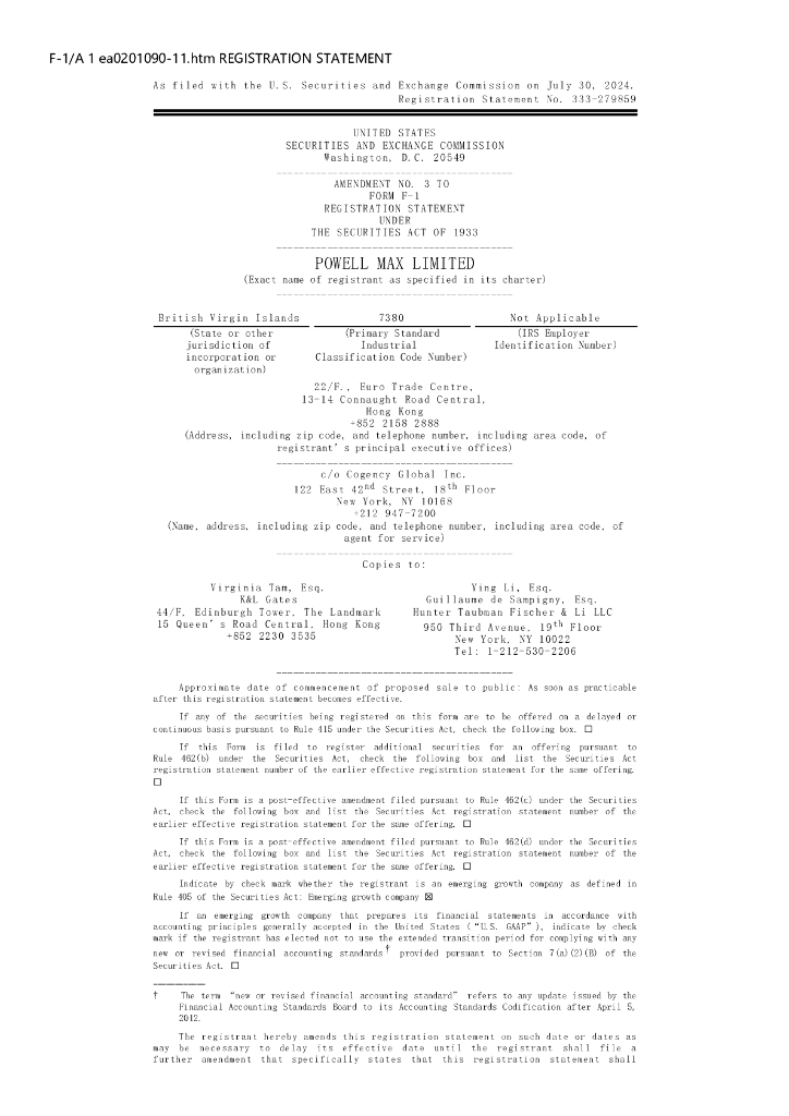 Powell Max Limited美股纳斯达克IPO上市招股说明书