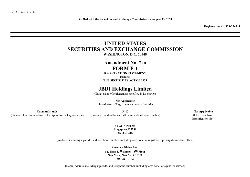 JBDI Holdings Limited美股纳斯达克IPO上市招股说明书