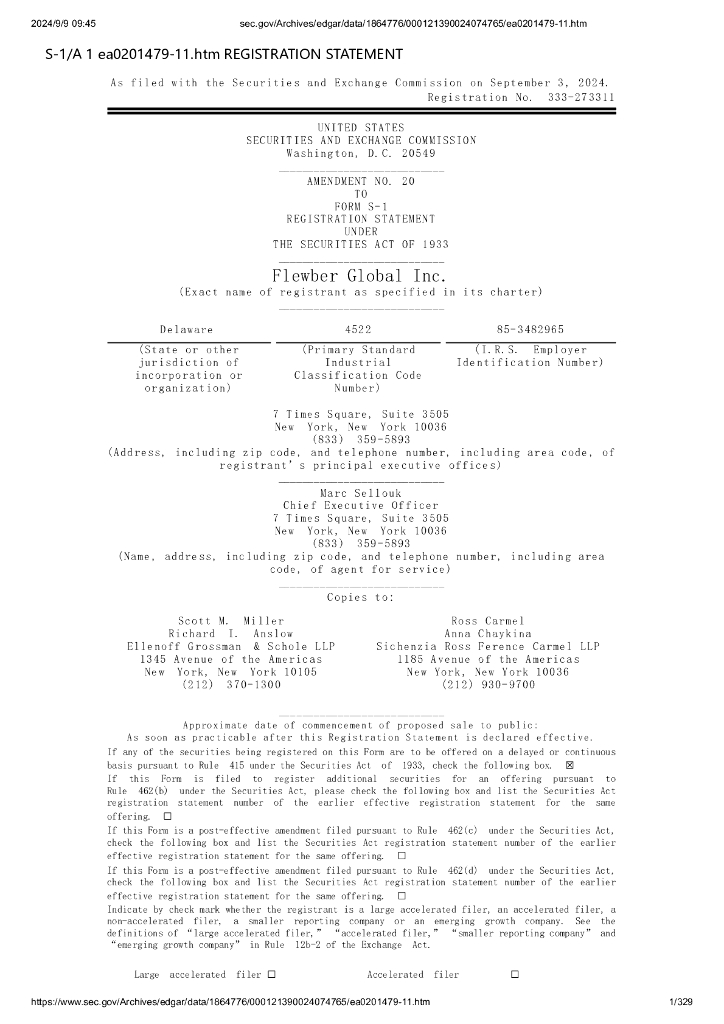 Flewber Global Inc.美股纳斯达克IPO上市招股说明书