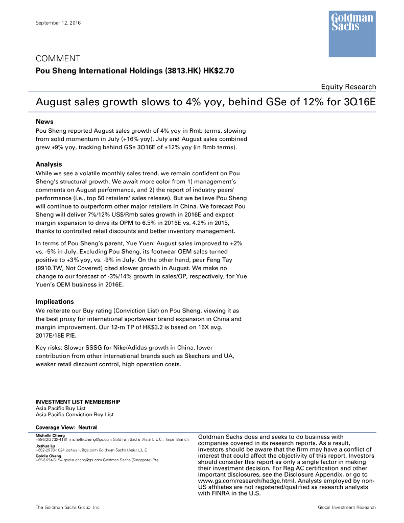 高盛：宝胜国际（03813）港股公司研究报告-Augustsalesgrowthslowsto4%yoy,behindGSeof12%for3Q16E