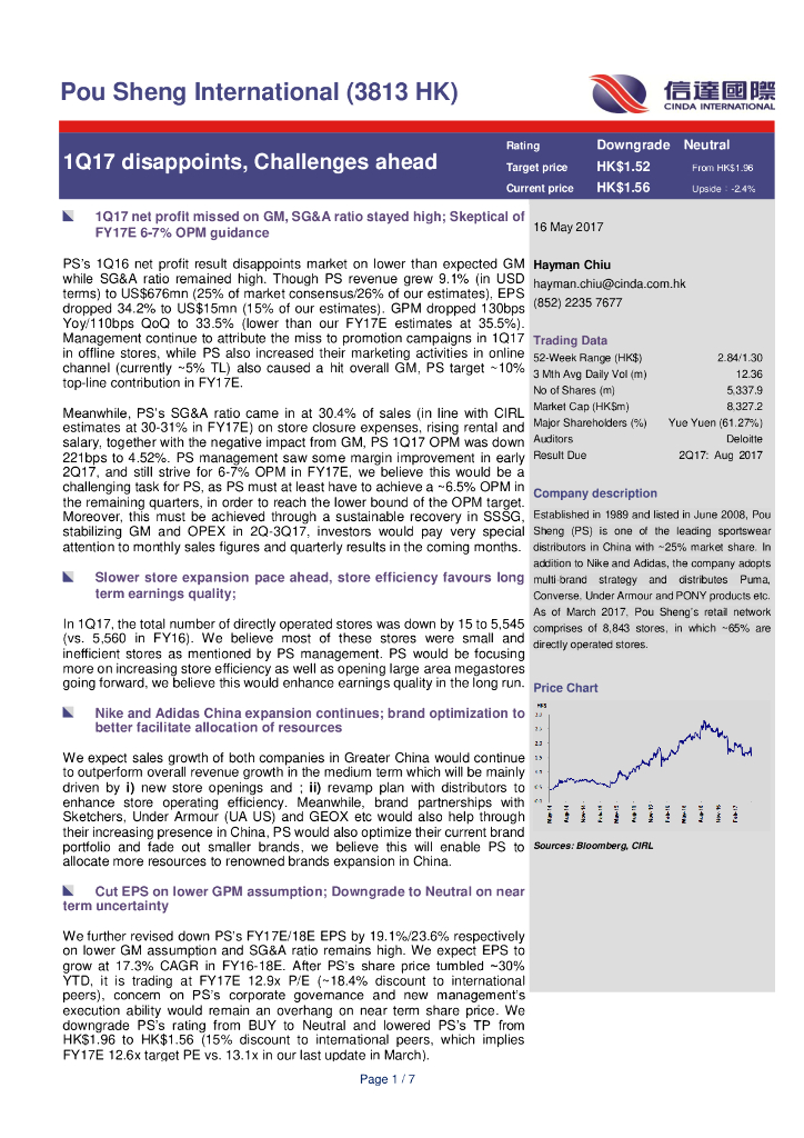 信达国际控股：宝胜国际（03813）港股公司研究报告-1Q17disappoints,Challengesahead