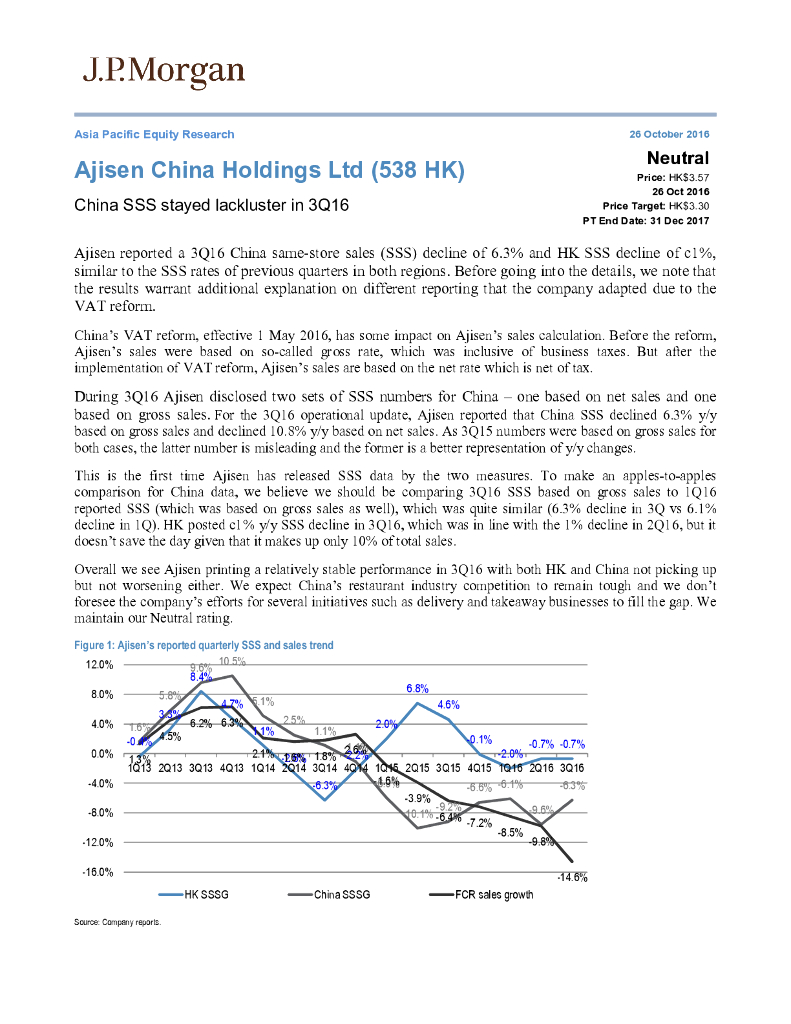 JP摩根资产管理公司亚洲：味千(中国)（00538）港股公司研究报告-ChinaSSSstayedlacklusterin3Q16