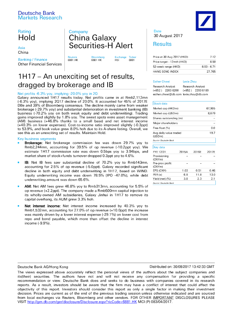 德意志银行：中国银河（06881）港股公司研究报告-1H17–Anunexcitingsetofresults,draggedbybrokerageandIB