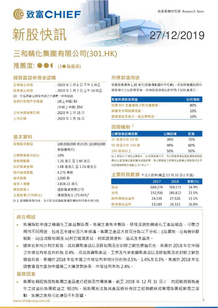 致富证券：新股快讯：三和精化集团有限公司