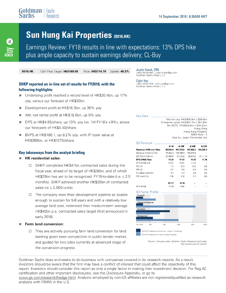 高盛：新鸿基地产（00016）港股公司研究报告-EarningsReview:FY18resultsinlinewithexpectations:13%DPShikeplusampl