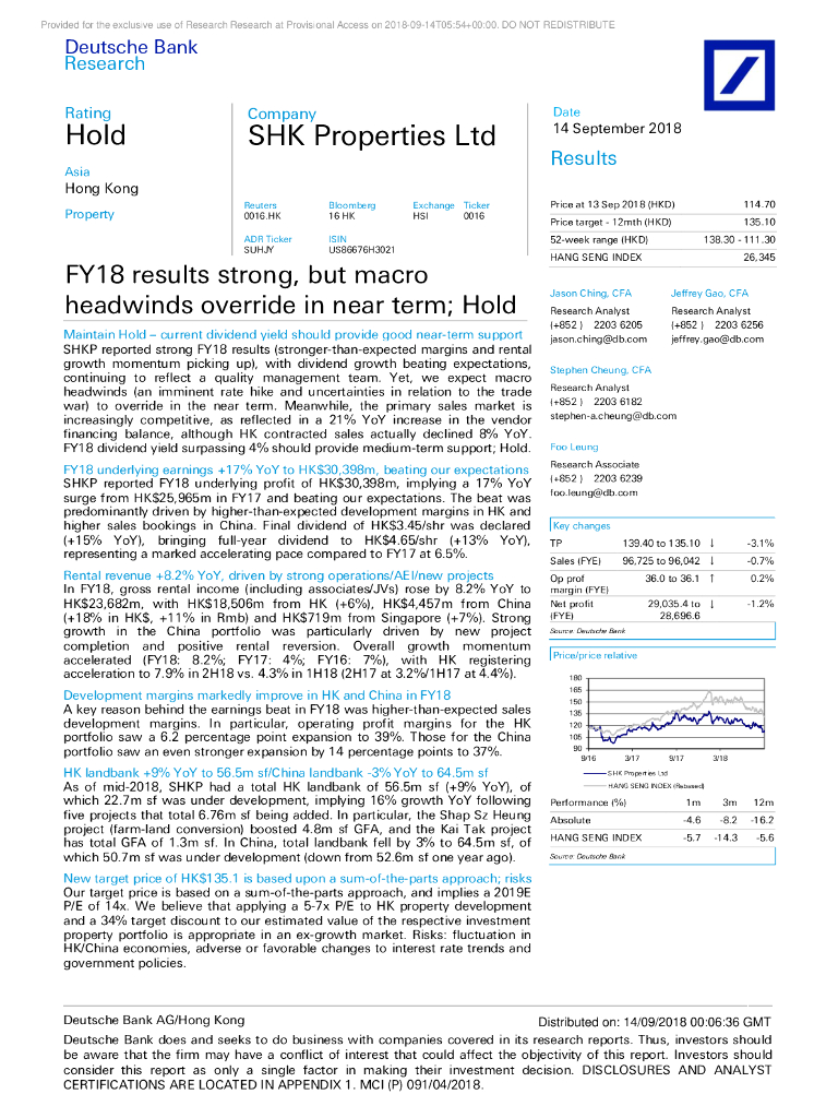 德意志银行：新鸿基地产（00016）港股公司研究报告-FY18resultsstrong,butmacroheadwindsoverrideinnearterm;Hold