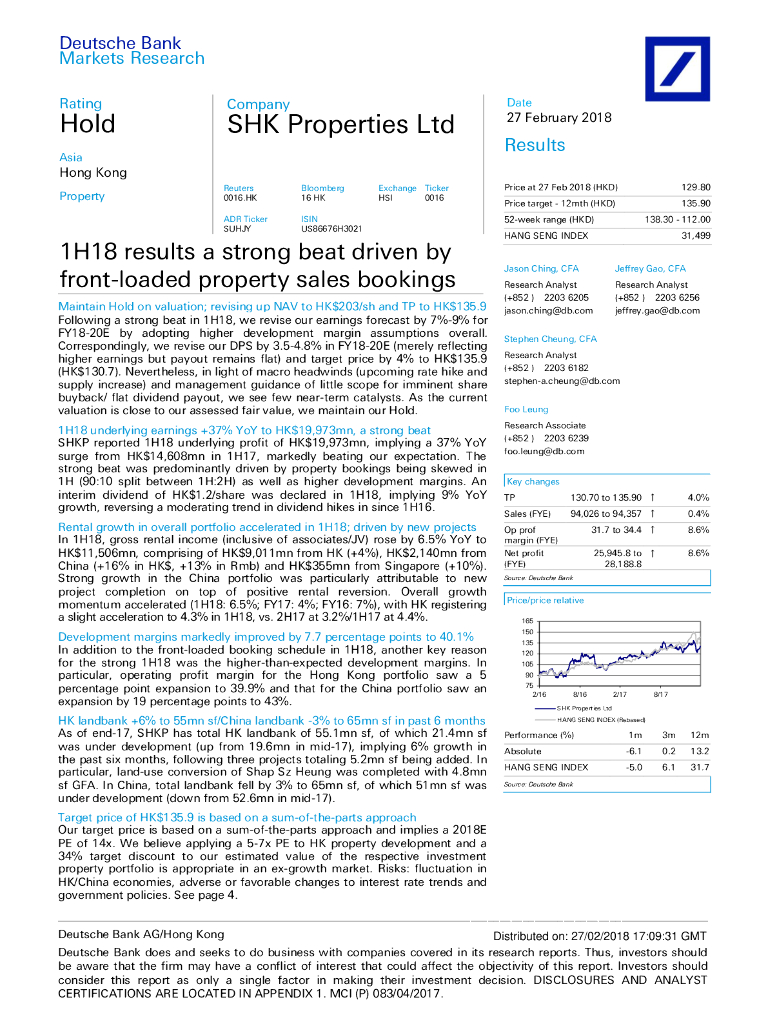 德意志银行：新鸿基地产（00016）港股公司研究报告-1H18resultsastrongbeatdrivenbyfront-loadedpropertysalesbookings