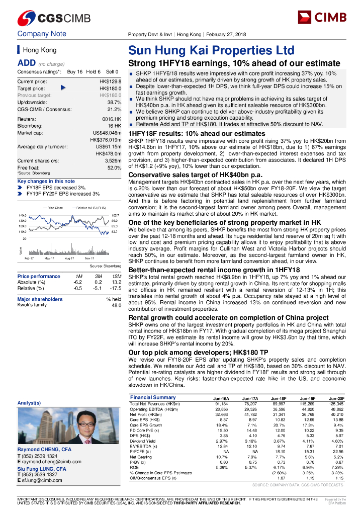 中国银河证券香港：新鸿基地产（00016）港股公司研究报告-Strong1HFY18earnings,10%aheadofourestimate