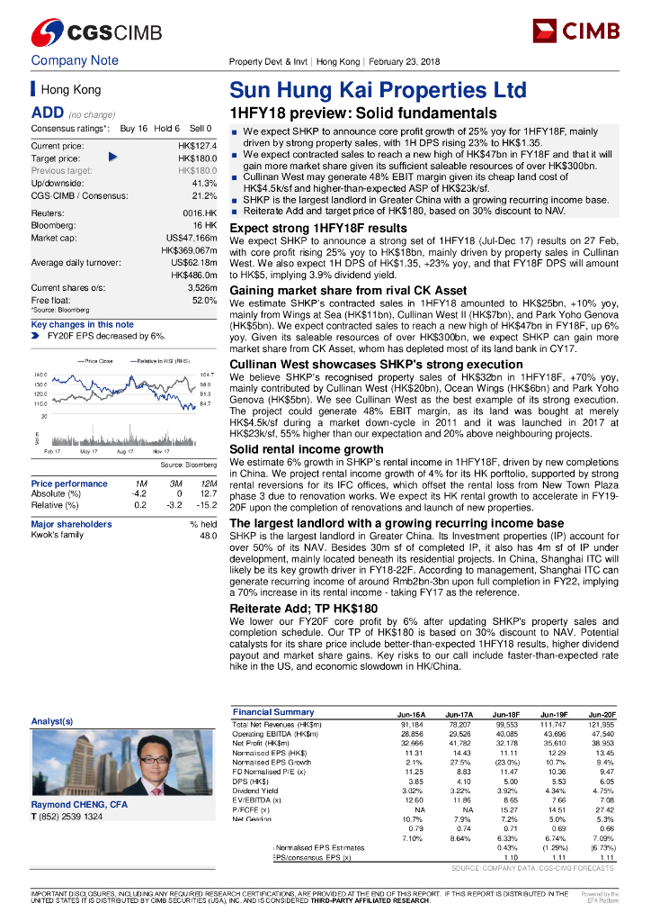 中国银河证券香港：新鸿基地产（00016）港股公司研究报告-1HFY18preview:Solidfundamentals